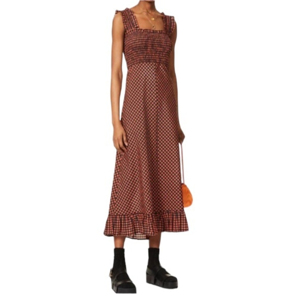 Ganni Smocked Seersucker Check Maxi Dress Size Medium